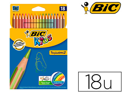 CRAYON COULEUR BIC KIDS TROPICOLORS 2 175MM MINE RSISTANTE PIGMENTE LARGE PALETTE COLORIS VIFS TUI CARTON 18 UNITS