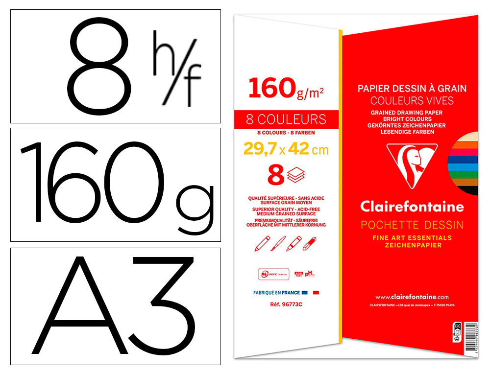 PAPIER DESSIN   GRAIN CLAIREFONTAINE A3 ASSORTIMENT VIF 160GR 8F