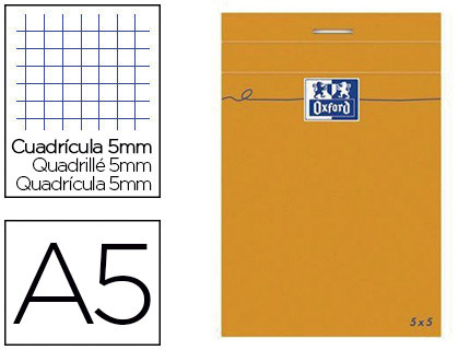 BLOC BUREAU OXFORD A5 PAPIER VÉLIN SURFIN AGRAFÉ EN TÊTE COUVERTURE ENVELOPPANTE 148X210MM80F 80G 5X5MM 160 PAG ORANGE