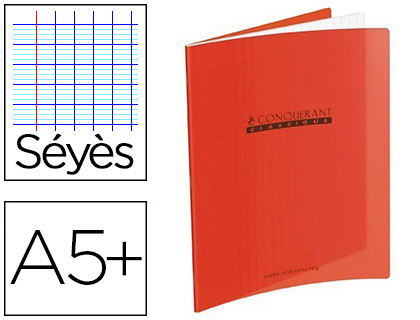 CAHIER PIQU CONQURANT CLASSIQUE COUVERTURE POLYPROPYLNE RIGIDE TRANSPARENTE A5+ 17X22CM 96 PAGES 90G SYS ROUGE