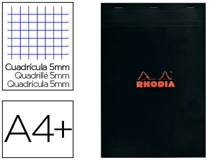 BLOC BUREAU RHODIA A4+ PAPIER VLIN SURFIN COUVERTURE ENDUITE ENVELOPPANTE 210X320MM 80F DTACHABLES 80G 5X5MM NOIR