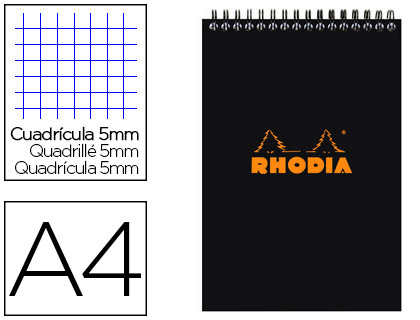 BLOC RHODIA CLASSIC BLACK A4 21X29.7CM COUVERTURE CARTE ENDUITE RELIURE INTGRALE 80F 80G 5X5MM MICROPERFOR