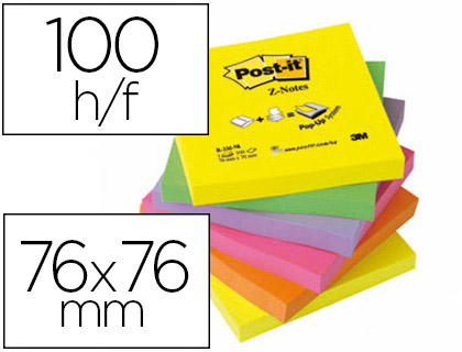 BLOC-NOTES POST-IT RECHARGES Z-NOTES 76X76MM 100F REPOSITIONNABLES COLORIS NON ASSORTIS 6 BLOCS