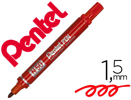 MARQUEUR PENTEL N50 PERMANENT POINTE OGIVE 4.3MM ENCRE  SOLVANT INDLBILE TOUS SUPPORTS CORPS MTAL ROUGE