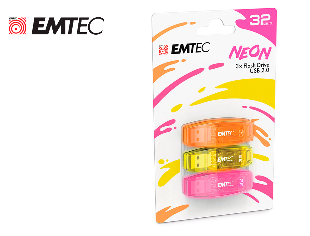 CLE USB EMTEC 2.0 C410 TRIO 32GB PACK 3 COLORIS NEON      ORANGE JAUNE ROSE