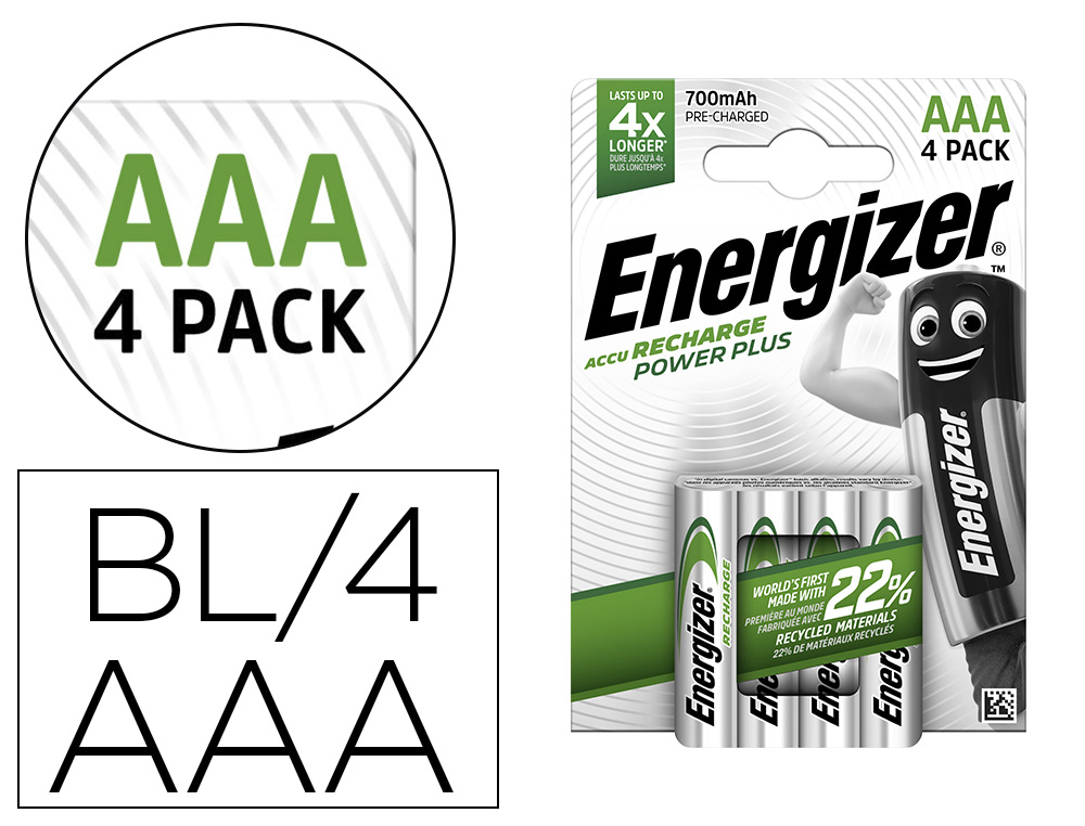 PILE ENERGIZER RECHARGEABLE POWER PLUS I.C.E. HR3 TAILLE AAA 700MAH BLISTER 4 UNITS