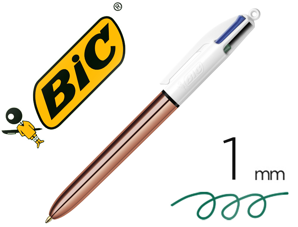 STYLO-BILLE BIC 4 COULEURS SHINE RETRACTABLE             RECHARGEABLE POINTE MOYENNE   1MM CORPS BLANC/OR ROSE