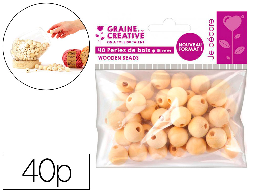 PERLES EN BOIS GRAINE CREATIVE DIAMETRE 15MM SACHET 40 PIECES