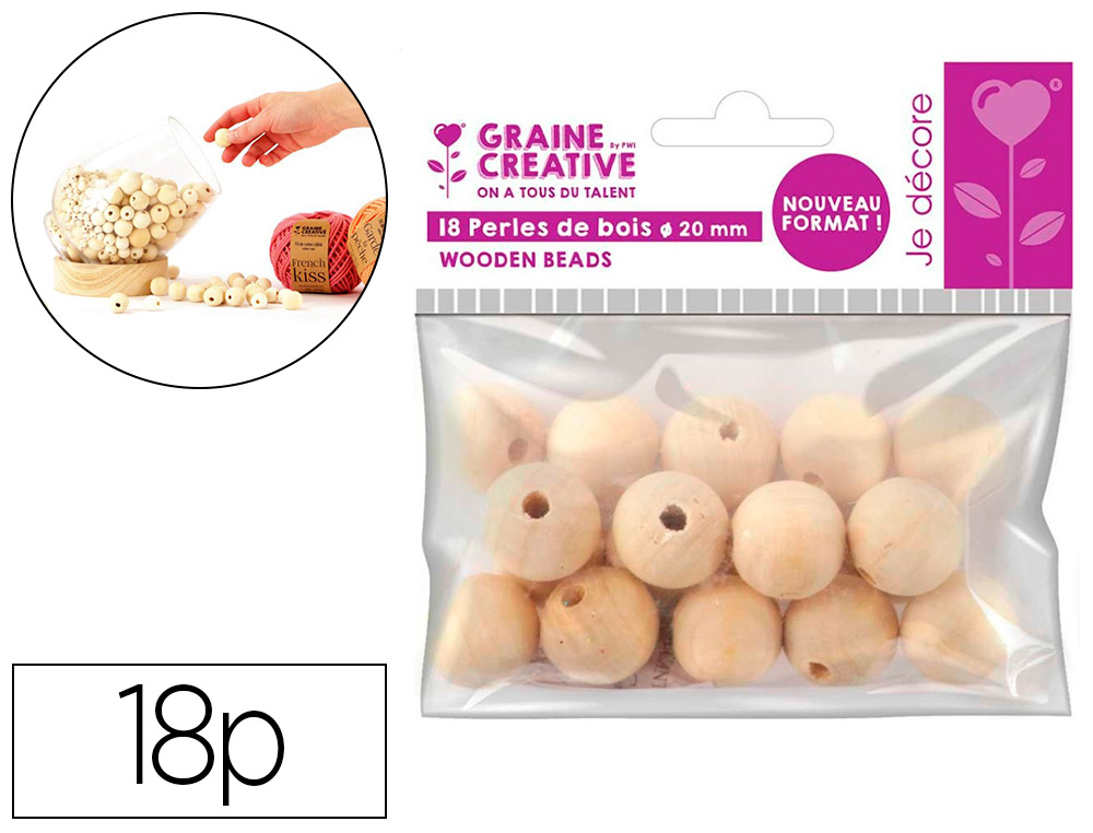 PERLES EN BOIS GRAINE CREATIVE DIAMETRE 20MM SACHET 18 PIECES