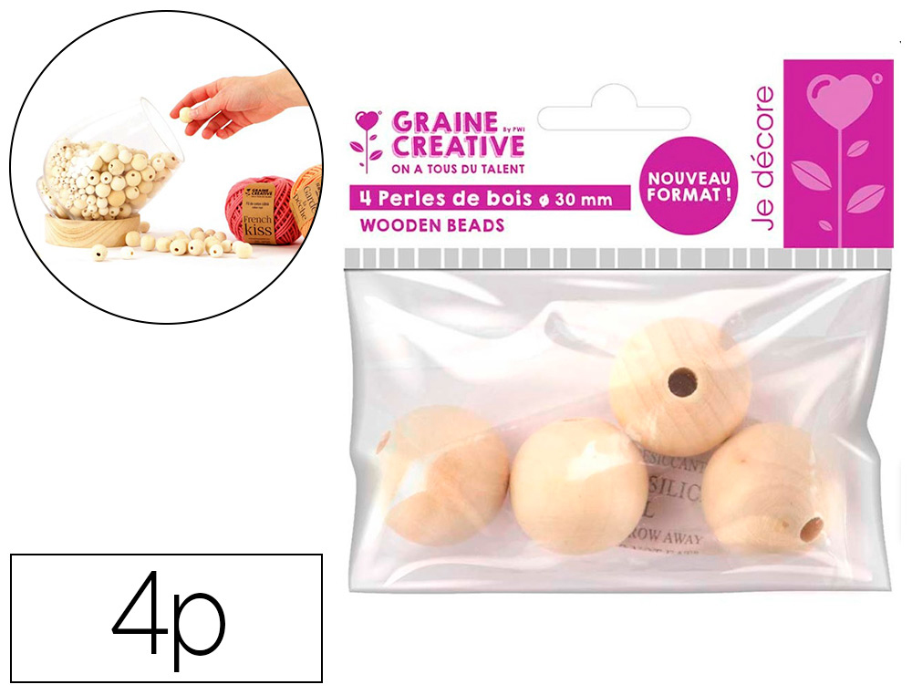 PERLES EN BOIS GRAINE CREATIVE DIAMETRE 30MM SACHET 4 PIECES