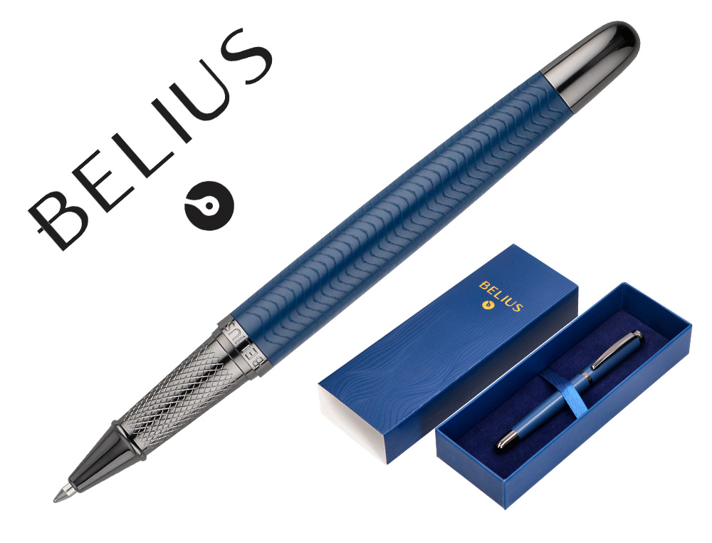 STYLO-BILLE BELIUS NEPTUNO ALUMINIUM TEXTURE ONDULEE ATTRIBUTS GUN ENCRE BLEUE COLORIS BLEU MARINE DANS COFFRET CADEAU