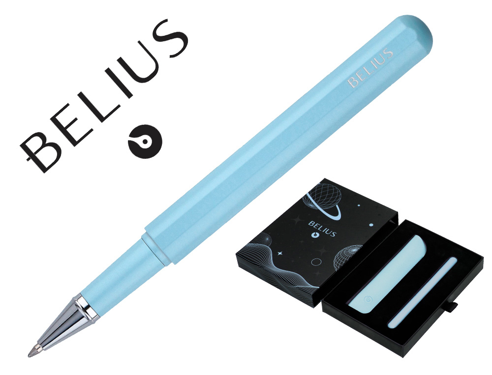 ROLLER ET ETUI EN SIMILI CUIR BELIUS SPACE B MONOCHROME SANS AGRAFE ENCRE NOIRE COLORIS BLEU DANS COFFRET CADEAU