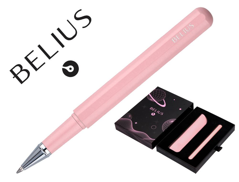 ROLLER ET ETUI EN SIMILI CUIR BELIUS SPACE B MONOCHROME SANS AGRAFE ENCRE BLEUE COLORIS ROSE DANS COFFRET CADEAU