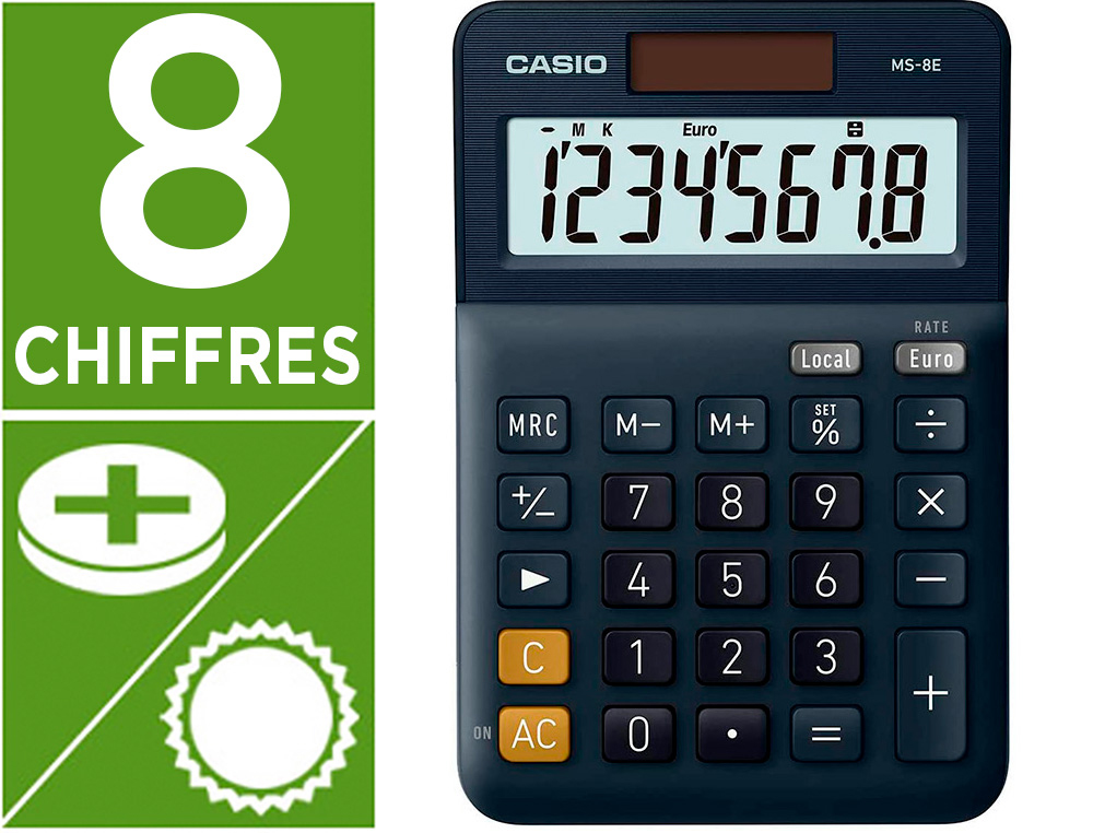 CALCULATRICE CASIO BUREAU MS8E GRAN ECRAN 8 CHIFFRES    EURO CONVERTISSEUR MEMOIRE    SOLAIRE/PILE COULEUR BLEU