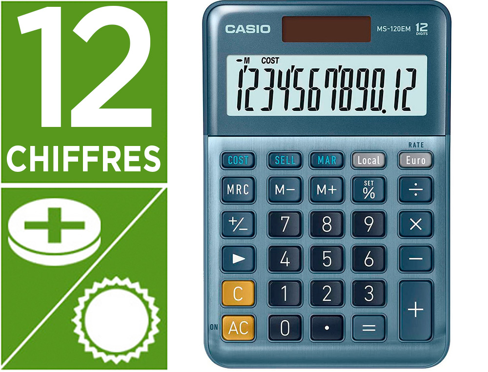 CALCULATRICE CASIO BUREAU MS120EM GRAN ECRAN 12         CHIFFRES EURO CONVERTISSEUR   MEMOIRE SOLAIRE/PILE COULEUR