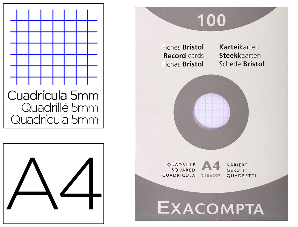 ETUI 100 FICHES EXACOMPTA BRISTOL QUADRILLEE 5X5 NON    PERFOREE BLANC 210X297MM