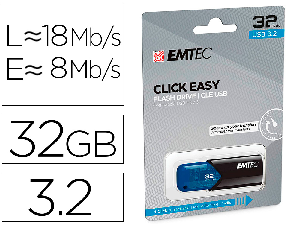 CLE USB EMTEC 3.2 B110  CLICK EASY 32GO COLORIS BLEU