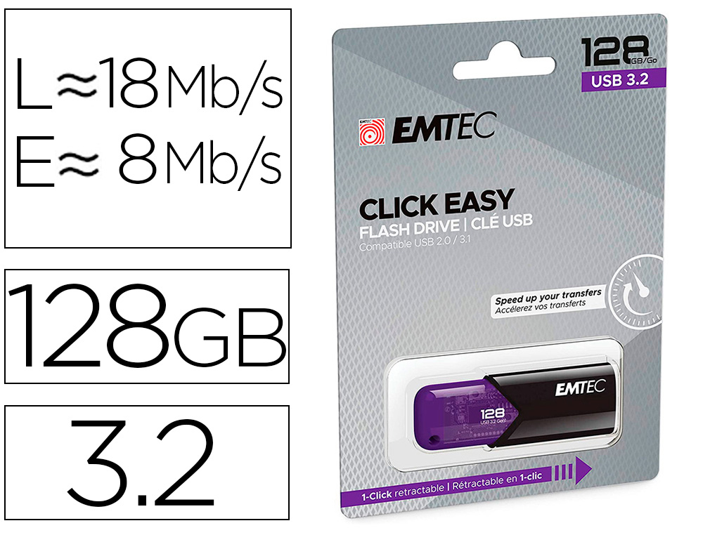 CLE USB EMTEC 3.2 B110  CLICK EASY 128GO COLORIS VIOLET