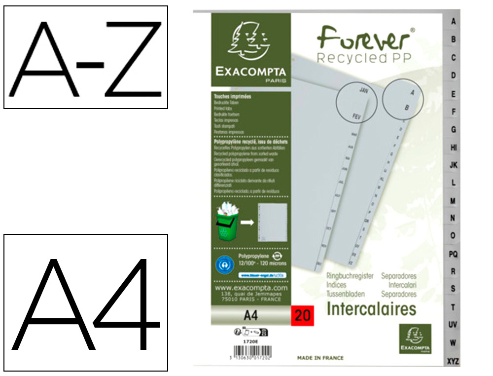 INTERCALAIRES IMPRIMES ALPHABETIQUES EXACOMPTA       POLYPROPYLENE A4 20POSITIONES A-Z GRIS