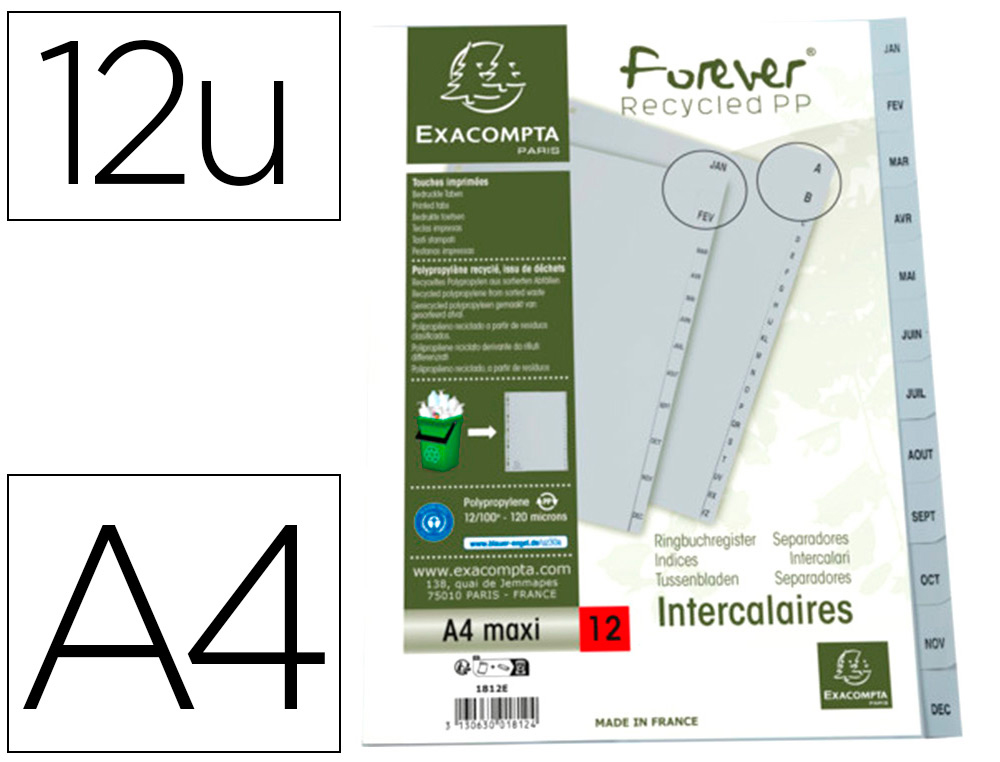 INTERCALAIRES IMPRIMES MENSUELS EXACOMPTA            POLYPROPYLENE A4 12POSITIONES / MOIS GRIS