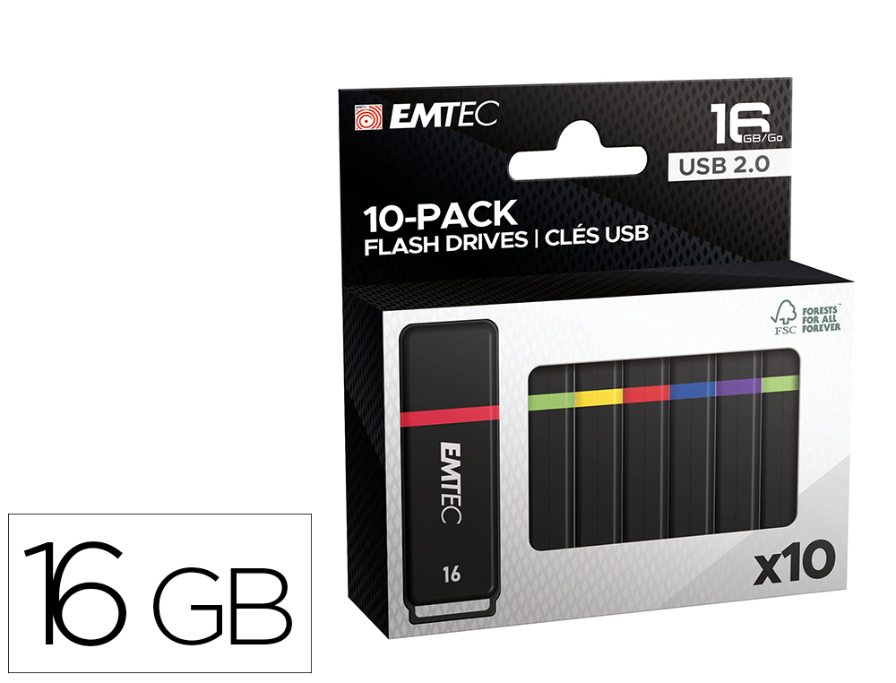 CLE USB EMTEC K100 16GB USB 2.0 VITESSE LECTURE 15MB/S ECRITURE 5MB/S 5 COLORIS ASSORTIS  PACK 10 UNITES