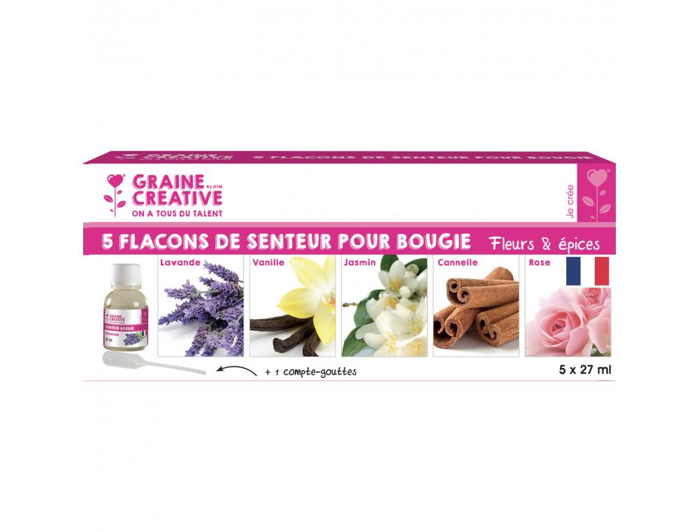 LOT FLACONS DE PARFUMS POUR BOUGIES GRAINE CREATIVE 27 ML 5 PARFUMS ASSORTIS 1 PIPETTE  OFFERTE
