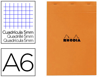 BLOC BUREAU RHODIA A6 PAPIER VLIN SURFIN COUVERTURE ENDUITE ENVELOPPANTE 105X148MM 80F DTACHABLES 80G 5X5MM ORANGE