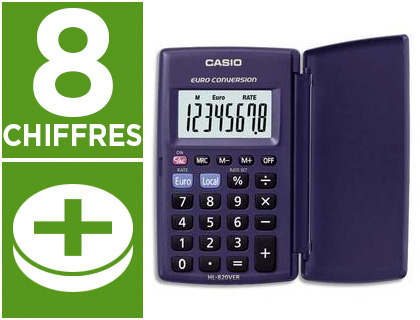 CALCULATRICE CASIO POCHE HL820 VER 8 CHIFFRES COUVERCLE RIGIDE ROTATION 360 DEGRS MMOIRE PILE 62.5X104X10MM 45G