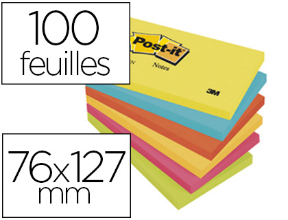 BLOC-NOTES POST-IT COULEURS NERGIQUES 76X127M 100F REPOSITIONNABLES 5 COLORIS ASSORTIS 6 BLOCS