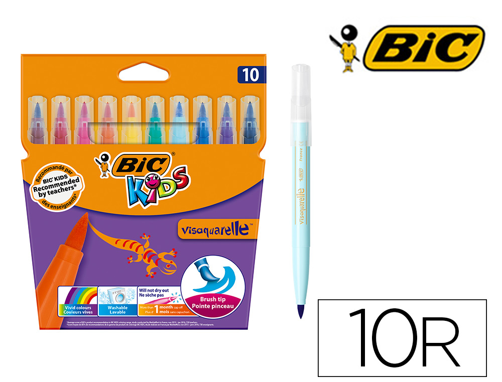 FEUTRE BIC KIDS VISAQUARELLE ENCRE LAVABLE POINTE PINCEAU EXTRA-SOUPLE BLOQUE COULEURS TRS VIVES TUI CARTON 10U