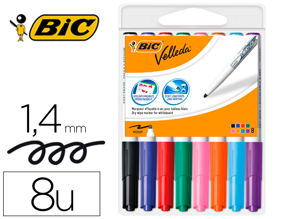 MARQUEUR BIC VELLEDA 1741 EFFAABLE POINTE OGIVE TRAC 2MM ENCRE CTONE FORMAT STYLO GRANDE LONGVIT POCHETTE 8 UNITS