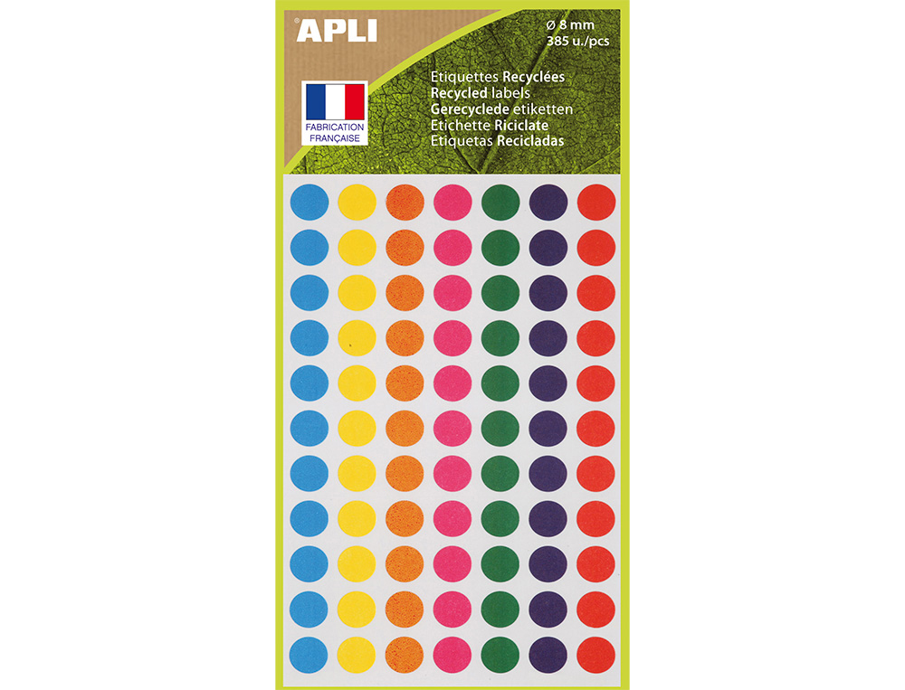 ETIQUETTES APLI 100% RECYCLE 8MM COLORIS ASSORTIS         POCHETTE 385 UNITES