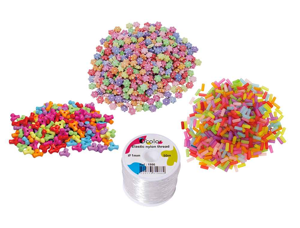 PERLES BRACELETS O'COLOR FLEURS/TUBES/SPINNER SCHOOLPACK 3000 UNI + 50M FIL NYLON DIAMETRE1MM UTILISABLE SANS FERMOIR