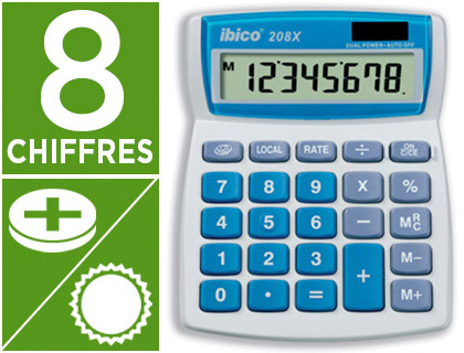 CALCULATRICE IBICO BUREAU 208X 8 CHIFFRES TOUCHE FRANC/EURO ADDITION SOUSTRACTION CRAN PIVOTANT 106X133X26MM 100G