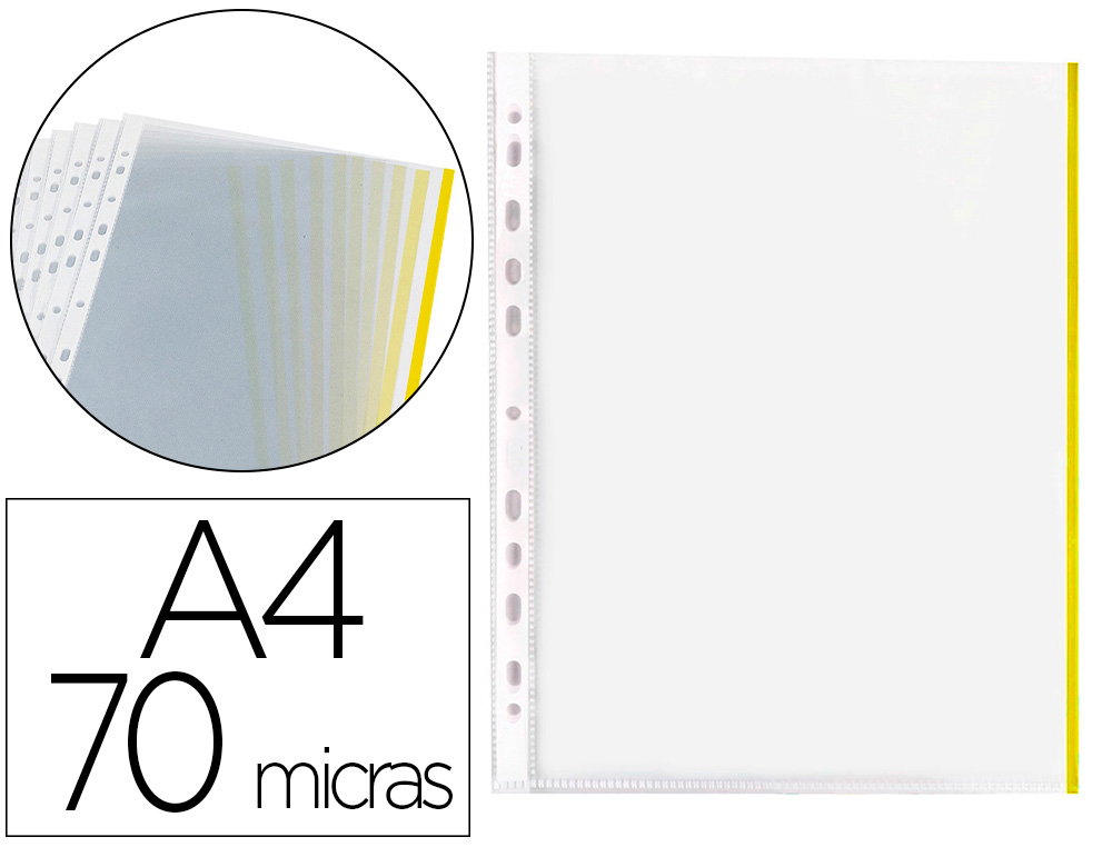 POCHETTE Q-CONNECT POLYPROPYLNE LISSE 7/100E PERFORE CRISTAL BANDE JAUNE 11 TROUS A4 210X297MM SACHET 10 UNITS