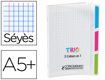 CAHIER AGRAF CONQURANT TRIO 3EN1 POLYPROPYLNE A5+ 17X22CM 96 PAGES SYS 90G