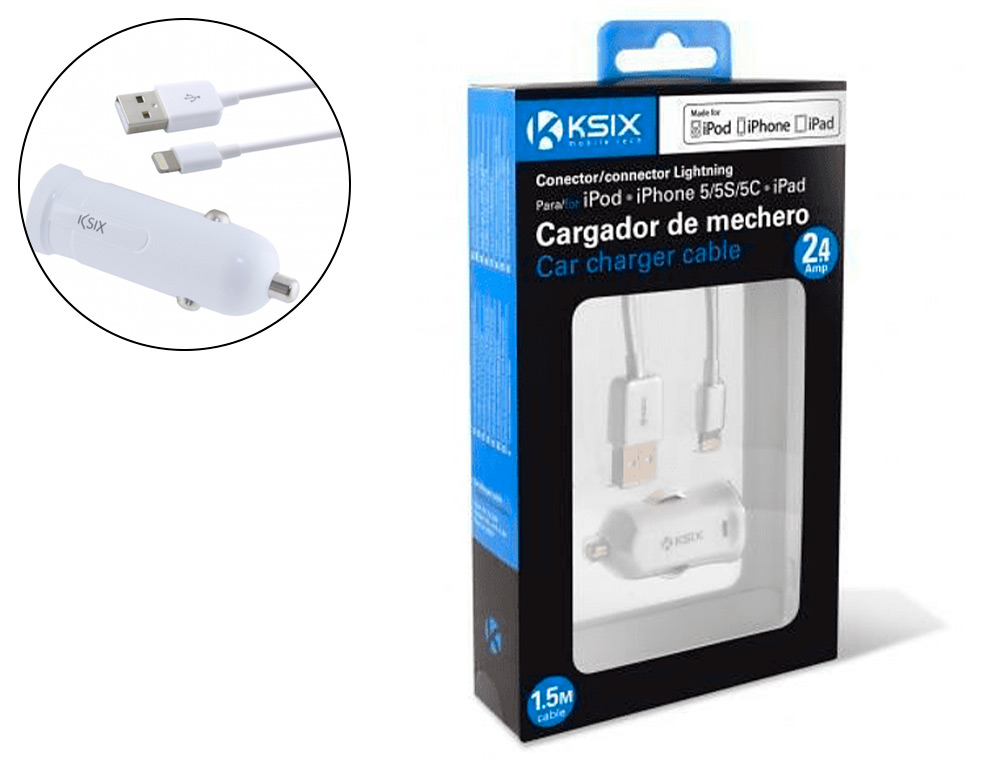 CHARGEUR USB VOITURE KSIX SORTIE 2.4A COMPATIBLE IPHONE IPOD CONNECTIQUE LIGHTNING    LONGUEUR CABLE 1M