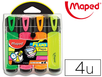 SURLIGNEUR MAPED FLUO'PEPS FLUORESCENT CLASSIQUE POCHETTE 4 UNITS VERT JAUNE ROSE ORANGE