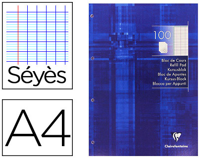 BLOC COURS CLAIREFONTAINE 200 PAGES ENCOLLES DTACHABLES PAPIER VLIN VELOUT A4 210X297MM 90G SYS 4 TROUS